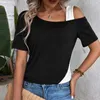 Frauenblusen atmungsaktives T-Shirt Stilvoller Off-Shoulder-Schusskragen Sommertimen mit Patchworkfarbe Lose Fit Casual für Streetwear