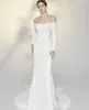 Vintage Bateau Neck Crepe -trouwjurken met lange mouwen Mermaid Ivoor geplooide Sweep Train Vestido de Novia Zipper Back Back Brug -jurken voor vrouwen