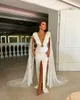 Classical V-Neck Beads Evening Dress Lace Sleeveless Pearls Formal Gowns Sexy Prom Satin Slit Custom made Robe De Mariee