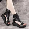 Ladies Vintage PU Leather Cool Boots Fashion Women Sandals Summer Mid Heels Wedges Shoe Sandalias Mujer Sapato Feminino 240401