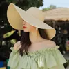 15CM Wide Brim Beach Straw Hats For Women Simple Foldable Summer Outing Sun Hat Fashion Flat Brom Bowknot Uv Protection Panama 240412