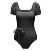 Frauen Badebekleidung Ladies Sommer Solid Bikini Mode u Neck Kurzarm Badeanzug Strandbekleidung Holiday Surfing Jumpsuit 2024 One Piece