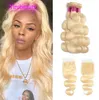 Braziliaanse maagdelijk Human Hair Extensions Blonde 3 bundels met 4x4 kanten sluiting Midden drie delen Body Wave 613 Color5960677