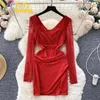 Casual Dresses Elegant Formal Dress Solid V-neck Pleated Mesh Long Sleeve Panel Slim Bodycon Chic Party Night Club