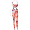 Women's Two Piece Pants European American Fashion Floral Print Sexy Push-up Crop-Top Spaghetti-Strap Vest Skinny Hip Raise Yoga Fitness Suit