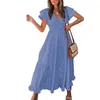 Chłodna i stylowa solidna sukienka damska midi z rozszerzonym brzegiem i żeńskimi rękawami płatkowymi obowiązkowymi na wiosenne lato i jesień AST98189