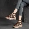 Sandálias grossas de salto médio espesso de couro genuíno confortável mulheres feitas artesanais sapatos retro -dama respirável