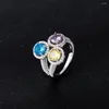 Anillos de racimo Zhenchengda Tri Color 6 mm Diamante de color redondo 925 Anillo de plata esterlina para mujeres que no se desvanecen europeas y afueras estadounidenses