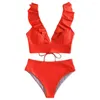 Women's Swimwear Ruffle Trim Bikini Set Women High-waisted Stylish Summer With Stitching Tops High Waist