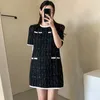 Partykleider koreanische Plaid Tweed Dress Office Lady Vintage Round Hals Lose lässige Mini Frauen elegante Knöpfe hohe Taille P224