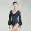 Stage Wear Ballet Dresses Adult Lantern Long Sleeve Leotard V Neck Bodysuit Women Dance Sexy Gymnastics For Girl