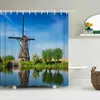 Douchegordijnen 3D Natuurlijk landschap Windmolen Tulpen Print boslandschap badkamer gordijn waterdichte polyester woningdecoratie