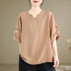 Women's Blouses YZJNH 2024 Summer Large Shirt Loose And Casual Ethnic Style Cotton V-neck Embroidered T-shirt Top Women