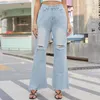 Frauen Jeans gewaschene hohe Taille -Jeans -Weitbeinhose mit Löchern weibliche modische Modik Mutes Zutaten leicht ausgestattet Frauen Streetsty