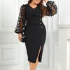 Casual Dresses Plus Size Lady Dress Button Decor Midi Elegant Mesh V Neck For Formal Events Sheath Slim Fit