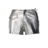Damesbroek Shemoda glanzende decoratieve bloem pu lederen shorts 2024 -stijl zilveren ritsers veelzijdige pocket casual