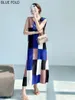 カジュアルドレスミヤケプリーツ夏のファッション格子縞のプリントノースリーブドレス女性プリーツのためのエレガントなハイエンドのロングベスティドスローブフェム