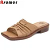 Hausschuhe Asumer 2024 Größe 33-42 Echtes Leder Falten Frau Square Med Heels Ladies Solid Summer Shoes