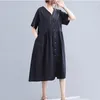 Party Dresses 2024 Solid Color V-Neck Single Breasted Cotton Loose Summer Blue Dress for Women Travel Casual Long Lady Work