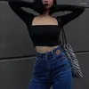 Kvinnors T -skjortor Autumn Black Square Neck Långärmad ultravad Slim Top Collar CollarBone Exponed Fashion Women Tees Casual Crop