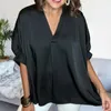 Blouses pour femmes chemises à manches courtes Femmes Élégantes Pouffle à col en V avec poche en vrac ajustement Top pour couleur unie d'été