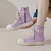 Chaussures décontractées 2024 Femmes Pu Bottes courtes Couleurs de bonbon Sneakers High Top Lace Up Femme Plat Boot Boot Zipper Side Students