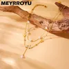 Pendant Necklaces MEYRROYU 316L Stainless Steel Gold Color Butterfly Style Pearl Charm Double Layered Necklace Jewelry For Women Grace Neck