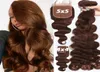 Кусочки волос шоколадные человеческие пакеты с закрытием бразильские кружевные замыкания с пучками для тела темные коричневые волосы remy extensi4384632