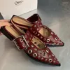 Zapatos de vestir calzado para mujeres sandalias de lujo de lujo de moda de metal hebilla vino rojo mulas femeninas damas informales gladiador