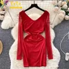 Casual Dresses Elegant Formal Dress Solid V-neck Pleated Mesh Long Sleeve Panel Slim Bodycon Chic Party Night Club