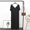 Party Dresses LERFEY Summer Dress Women Casual T Shirt Black Solid Split V Neck Loose Midi Vestidos Clothings