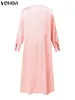 Lässige Kleider Vonda Bohemian Kleid Frauen elegante Party Maxi Long 2024 V-Ausschnitt Massives Satin Seiden Sundarme Hülle Hohlrobe