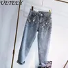 Jeans pour femmes biens européens industrie lourde faite à la main artisanal en diamant complet flash flash décontracté pantalon saggy hautement taille