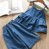 Kleidungssets Humorbär Sommer Mädchen koreanische Denim Hosenteiljacke Top Wide Leg Hosen 2pcs lässige Kinderkleidung Kleidung