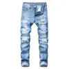 Slim-Fit Denim Pants Herrbyxor Nostalgic Torn varumärke rippade jeans mode raka män hiphop tiggars manliga hål ljusblå 240403