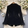 Women's Suits XFPV Women Temperament Feather Single Breasted Velvet Blazer Solid Color Notched Long Sleeve Coat Autumn Winter 2024 SM9705