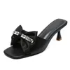 Slippers DRKANOL 2024 Summer High Heel Elegant Bow Knot Rhinestone Genuine Leather Open Toe Ladies Casual Slides Trend