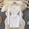 Casual Dresses Elegant Formal Dress Solid V-neck Pleated Mesh Long Sleeve Panel Slim Bodycon Chic Party Night Club