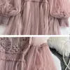 Dres French Lace Flower Dress Gaze Lantern Sleeve Voile Long Female Retro Hook Princess 2 Piece Set 240402