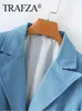 Ternos femininos Trafza 2024 Moda de primavera jeans para mulheres de mangas compridas bolsos de lapela de lapela blazer causal azul vintage