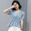 Women's Blouses Summer V-neck Shirring Waist Shirt Ladies Solid Color Casual Fashion Pullover Blouse Femme Puff Short Sleeve Tops