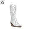 GOGD Cowboy Pink Cowgirl Boots For Women Fashion Zip Embroidered Pointed Toe Chunky Heel Mid Calf Western Boots Shinny Shoes 240411