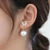 Stud Earrings White Big Imitation Pearl Butterfly Earring For Women Korean Full Crystal Rhinestone Jewelry Wedding Friend Christmas Gift