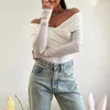 Kadın Tişörtleri AVV Sonbahar 2024 Kadın Gömlek Omuzdan Uzun Kollu V Boyun Dantel Moda Saf Renk Sıska Temel Tshirts Femme