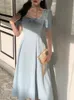 Zomerblauw elegante vintage dres boog roze zoete Franse feest midi jurk Koreaanse retro sprookje mouw dames 2023 240402