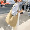 Yogodlns Sac de paille d'été pour femmes tissées à main artisanale grande capacité Lady Tote Vacation Beach Routran Bolsa 240401