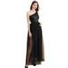 Partykleider Maxi Elegant Tullesequin schwarzer Kleid Abschlussball Einschulter langlange Abend Frauen