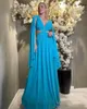 Party Dresses Light Blue Chiffon Long Prom A-line V Neck Pleated Beadings Floor Length Saudi Arabia Women Evening Dress