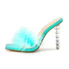 Slippers Summer Square Toe Crystal Stiletto Heels Women's Feather Transparent Fashion Slides Slip On Outdoor Solid Color Simple