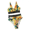 Swimwear féminin Breachwear respirant Set Set élégant Bikini à imprimé feuilles avec des boucles de natation hautes pour femmes en V V-col